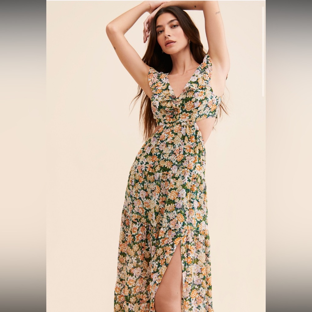 Astr Backless Floral Maxi Dress - Green, Orange, White